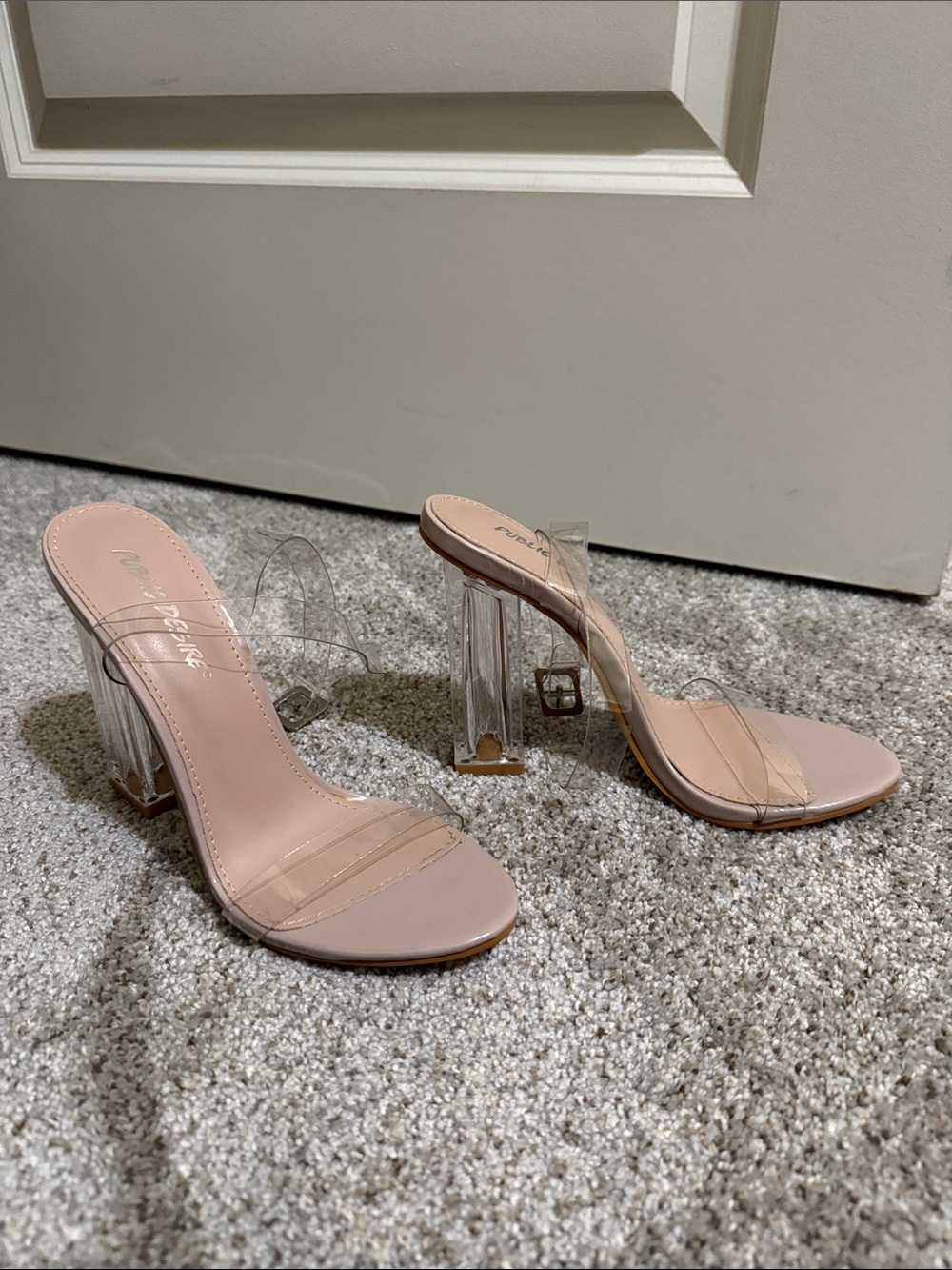 Public Desire Nude Clear Strap Block Heel Sandals